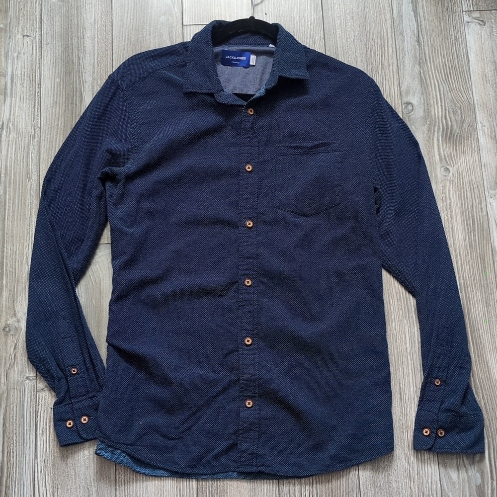 Jack And Jones Navy Textured Long-Sleeve Button-Down Shirt L